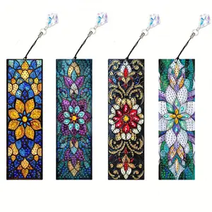 4-piece acrylic mandala diamond DIY painting bookmarks, DIY water diamond bookmarks with crystal pendants, suitable for beginners' handicrafts