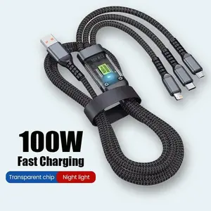 100W 3 In 1 Transparent Pilot Lamp Super Fast Charging Cable 6A Universal with Type C Usb Micro for Samsung Huawei Xiaomi Iphone Data Cable
