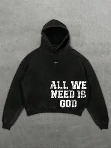 Men's Washed Cotton Cross Print Hoodie with Letter Vintage Cross Design, Y2K,Distressed Pattern, Drop Shoulder, Casual Style, Long Sleeve Pullover, Letter Pattern Hoodies