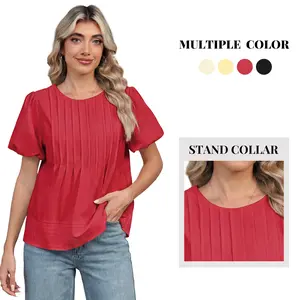 Funlingo Women's Babydoll Blouse - Stand Collar, Pleated Puff Sleeves, Minimalist Basic, Soft Breathable, Casual Loose Flowy, Dressy Chic Cute Elegant Short-Sleeve Summer Top, Outdoor Use, Beige Size L, Multiple Colors