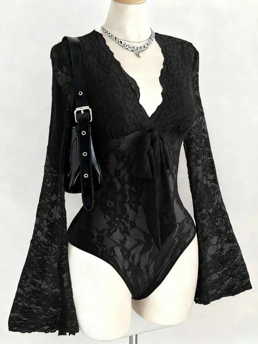 MOON  Black Deep V-Neck Lace Trim Front Tie Long Flare Sleeve Bodysuit,Fall Winter Gothic Tight-Fitting Elegant Night Out Fashionable Women's Bodysuit