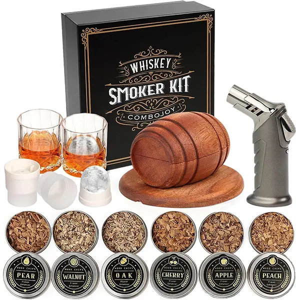 Whiskey Smoker Kit - 6 Flavors Wood Chips, 2 Glasses, 2 Ice Ball Molds - Cocktail Smoker Infuser Kit, Old Fashioned Drink Smoker Kit, Birthday Christmas Bourbon Whiskey Gifts for Men,Dad,Father,Boyfriend,Husband Kitchen Utensils Metal Wooden whiskey gift