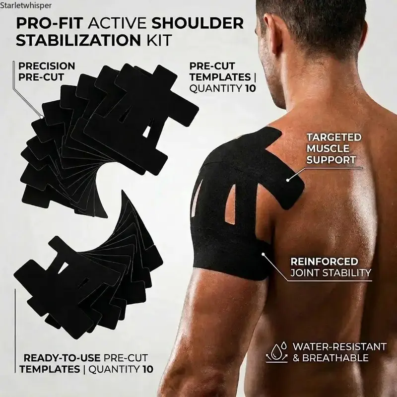 Unisex Pre-Cut Cotton Kinesiology Tape Strips - Durable, Sweat-Resistant, Waterproof, Breathable, Elastic, Comfortable Quick Support for Athletes' Shoulder Pain Relief (Black)