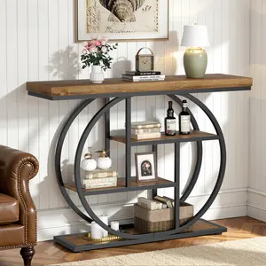 Walsunny Modern Rustic Brown Console Table, 41.3-Inch Narrow Sofa Table with Artistic Curved Metal Frame, for Hallway, Living Room