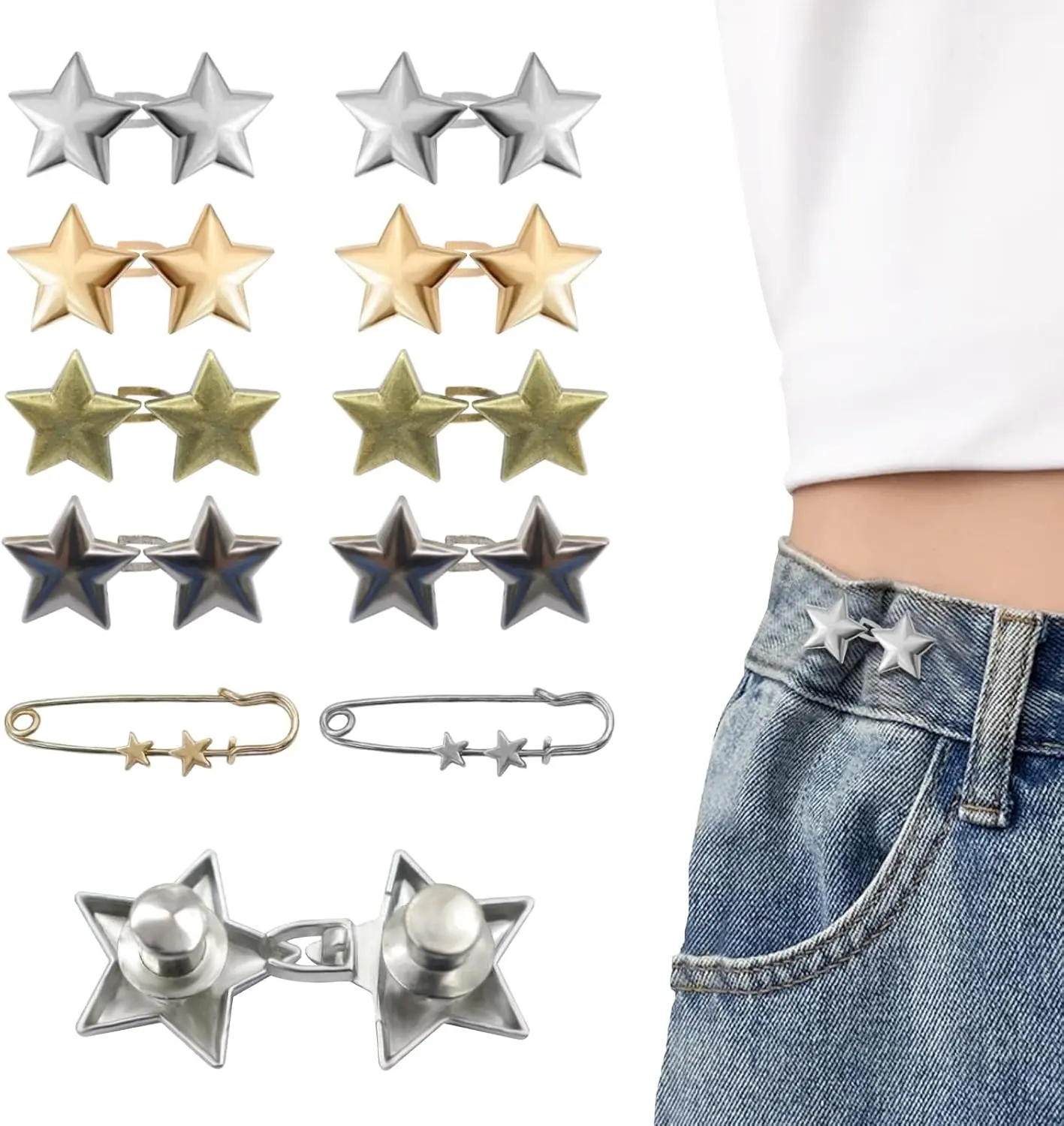 10-Set Metal Star Button Pins, No-Sew Clothing Clip Tool for Loose Jeans Pant Tightener, Fashion Cincher Brooch for Dresses Skirts Sewing Accessories & Haberdashery, No Sewing