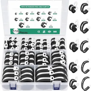 110PCS Cable Clamp Assortment Set, 10 Sizes-1/4" 5/16" 3/8" 1/2" 5/8" 3/4" 1 " 1-1/4" 1-1/2" 1-3/4" Stainless Steel Rubber Insulated Cable Clamps, Automotive Wire Hose Clamps, Cable Management, Durable