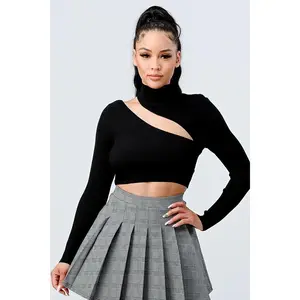 Lux Sweater Rib Cutout Mock Neck Crop Top