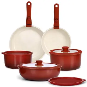 Gipp 11Pcs Ceramic Cookware Sets, Pots and Pans Set Non Stick with Removable Handle, Oven & Dishwasher Safe,Induction Cookware, Kitchen Cooking Set for RV Trips and Camping,Red GIPPHAU