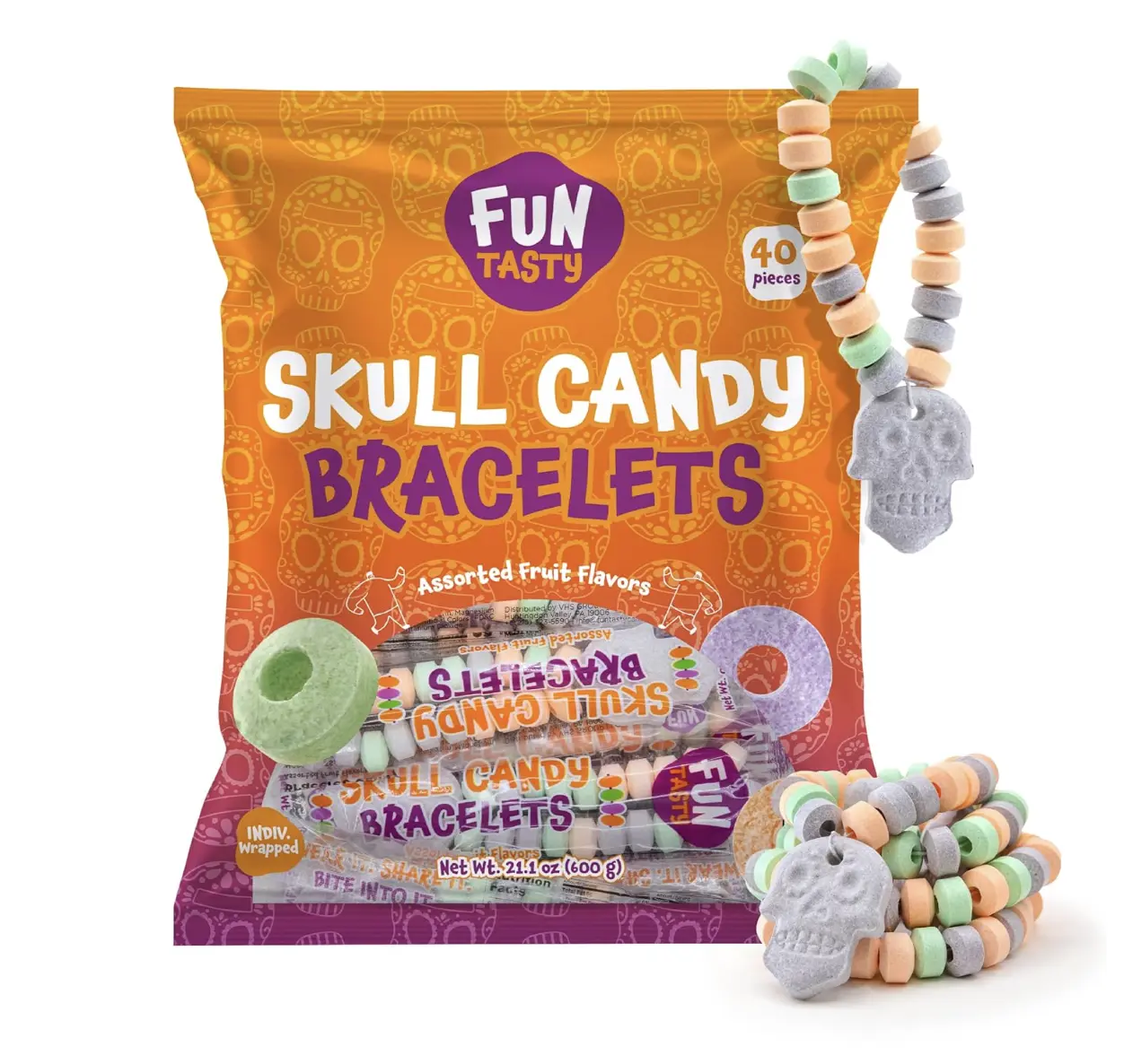 Halloween Candy, Skull Candy Bracelets Individually Wrapped - 40 Count