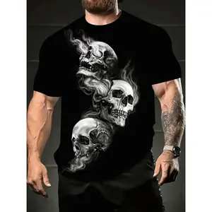 Men's Edgy 3D Skull Print T Shirt Casual Short Sleeve Round Neck Tropical Style Breathable Polyester Blend Ideal for Summer and Spring Outings Sizes Small Medium Large X Large XX Large