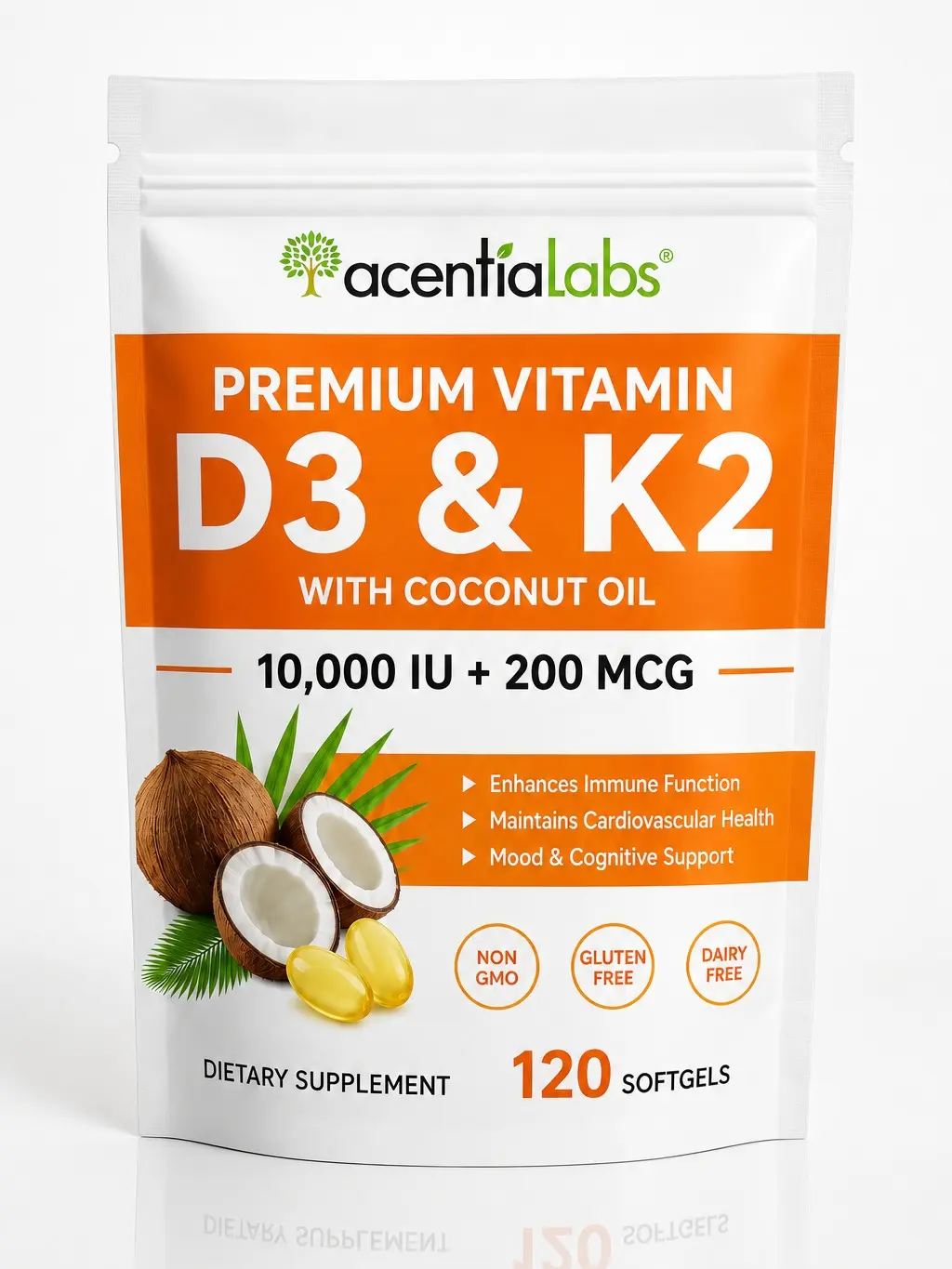 Premium  Vitamin D3 & K2 Softgels 10.000IU + 200 mcg with Coconut Oil |120 Softgels | Non-GMO. & Gluten Free
