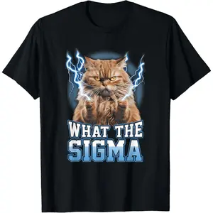 Casual Round Neck Shortsleeve Fashion Cotton Graphic Tees Streetwear WhatThe Sigma Cat Angry Lightning Meme Ironic Brainrot Y2K Men Women T-Shirt