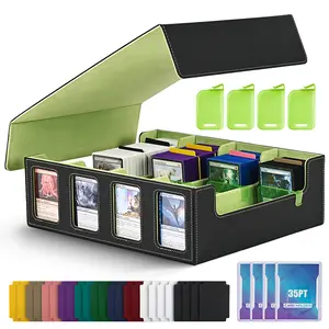 Trading Card Storage Box with Commander Display , 5-Row Deck Case with Removable Lid; 3900+ Card Deck Box for MTG TCG Sports Card, 5 Top Loaders, 5 Stoppers, 48 Dividers,1 Dice Tray (Black Purple)