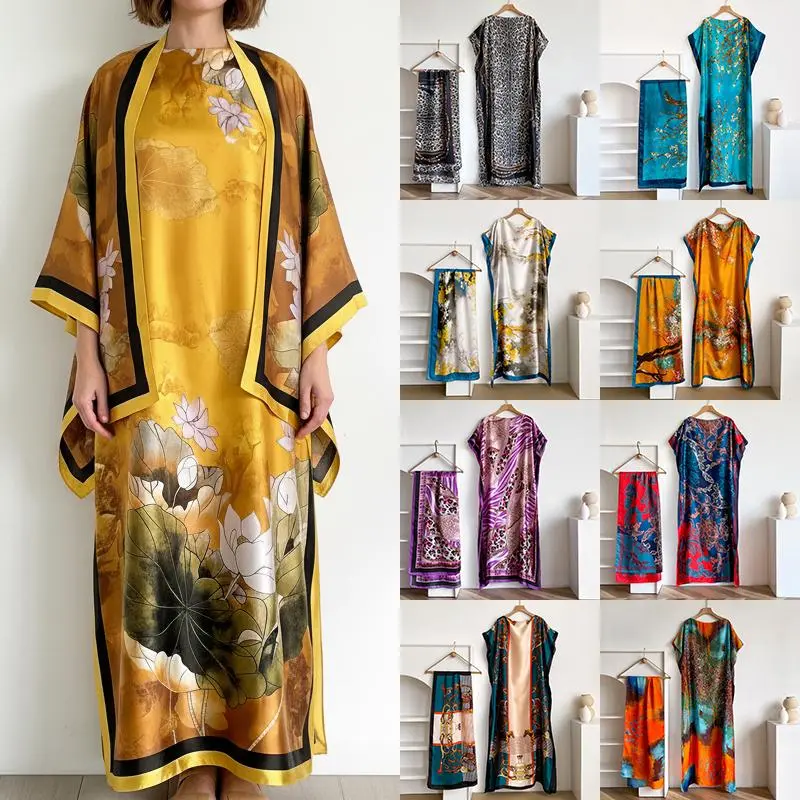 Women's 2-Piece Casual Kaftan Dress & Matching Headscarf Set, Stylish 2 Piece Sets for Women Outfit, Sets For Women 2 Piece