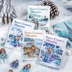 4 sets, 20 sheets each winter stickers featuring vintage characters snow scenes, made PET washi paper, vintage style, waterproof, self adhesive, DIY journal decoration scrapbook sticker pack