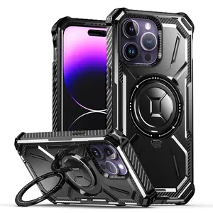 Military Grade Protection Rugged Magsafe Case For iPhone 15 Pro Max 11 12 13 Pro 14 Plus Heavy Duty Magnetic Bracket Armor Case Screen Protector Cover Smartphone Cellphone Casing Protective Black Shockproof