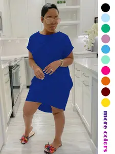 Women's Short Sleeve T-Shirt Dress, Stretchy Bodycon Midi Dress with Curved Hem and Side Pockets，Short Sleeve Crew Neck Bodycon Midi Dress with Pockets，Womens Bodycon Midi Dress