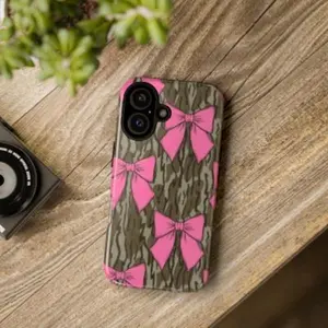 Pink Camo Bow Phone Case, Girly Hunting Style Case Cover, Camouflage Pattern with Bright Bows, Cute Outdoor Gift for Her
