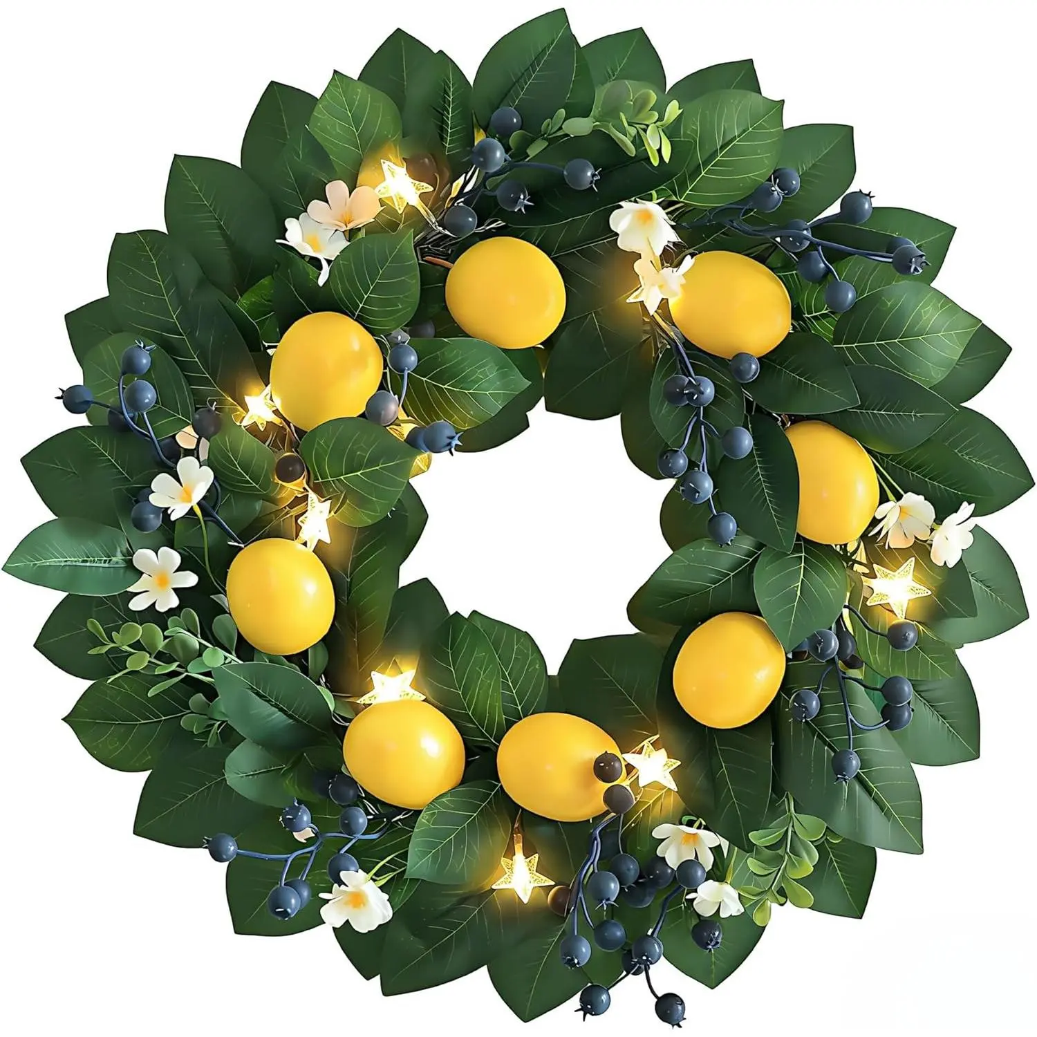 18" Spring Summer Wreaths for Front Door, Artificial Lemon Wreath with LED Star Lights & Timer,Berries & Greenery, Indoor & Outdoor Farmhouse Home Decor