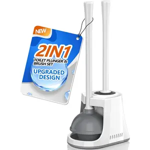 Toilet Plunger and Brush with Holder, Bowl Brush and Heavy Duty Toilet Plunger Set with Ventilated Holder, 2-in-1 Toilet Brush and Plunger Combo for 5.3-inch Toilet Drain  Pack (White, 1)