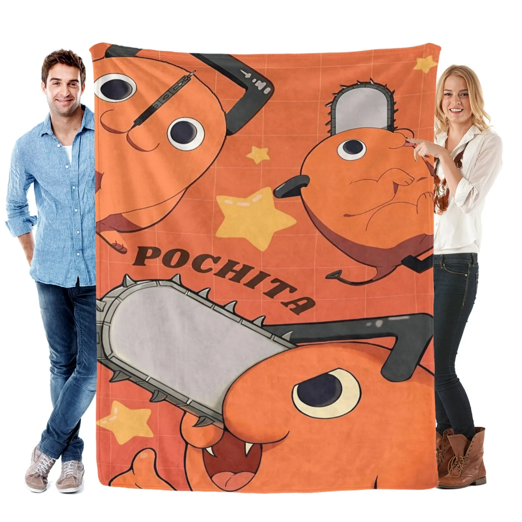 Chainsaw Man Pochita Cartoon Flannel Blanket Adorable Orange Grid Star Pochita Character Print Soft Warm Plush Throw Blanket, Comfortable Bed Couch Blanket Ideal Anime Gift for Chainsaw Man Lovers