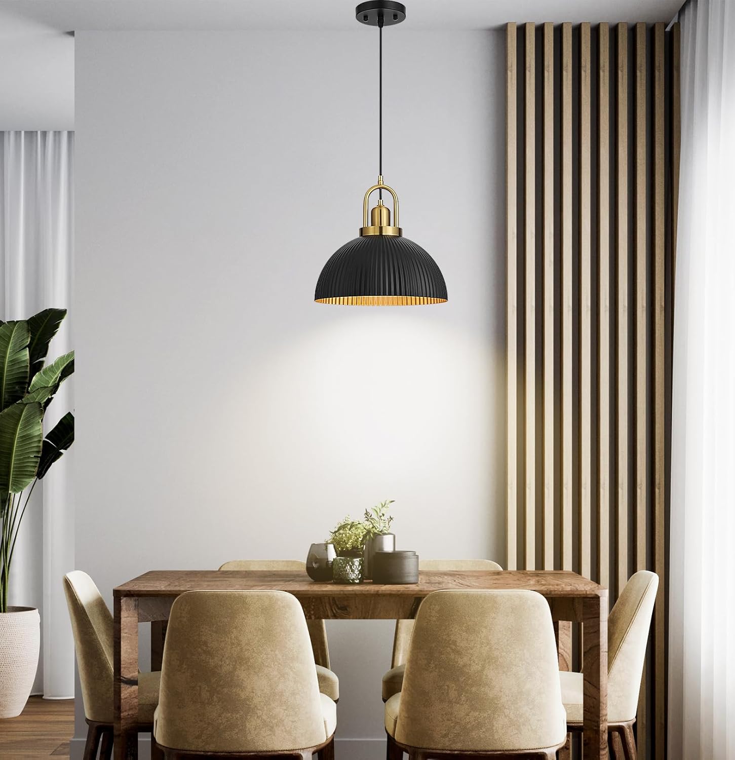 Pendant Lights Kitchen Island, Black Metal Farmhouse Pendant Light Fixtures, 11.8" Industrial Modern Hanging Light for Dining Room Bedroom Cafe Bar (Black/Gold, 1 Pack)