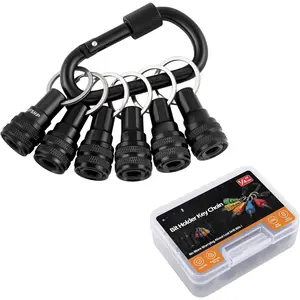 6 count Drill Bit Holder Key Chain, 1/4 Hex Shank  Alloy Push to Unlock Quick Release Bit Holder for Impact Driver Extension Bar Nut Driver  & Drill Bits,Tool Gifts for Men-Black