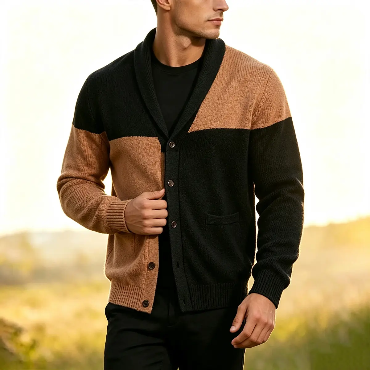 Men's V-Neck Black & Orange Color Block Button Front Cardigan - Fitted Cut Long Sleeve Knitwear with Asymmetric Design, Patch Pockets for Chic Casual Tops, Block Colors