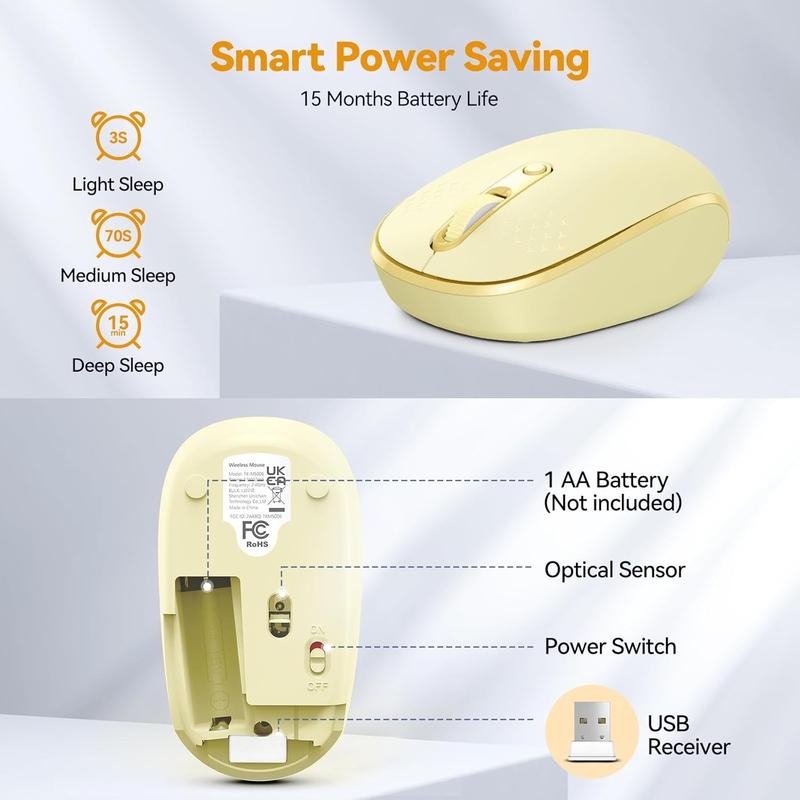 X-MUP05  Wireless Mouse, 2.4G Quiet Computer Mouse with USB Receiver, 4 Buttons Portable Cordless Mice for Chromebook, Laptop, PC, Mac, 800/1200/1600 DPI - Yellow
