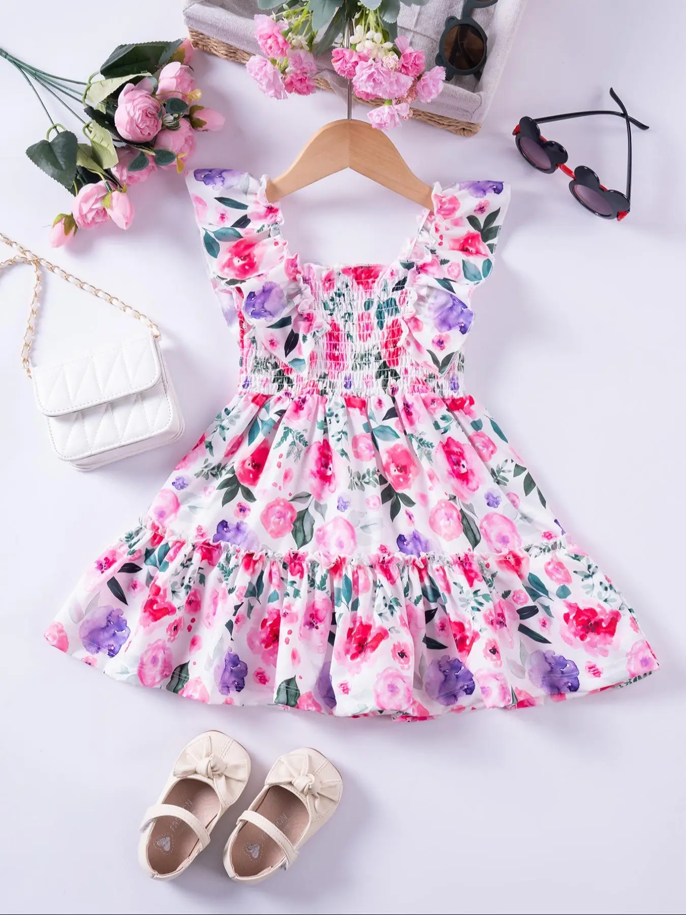 Toddler Girl's Floral Print Frill Ruffle Shirred Tank Dress, Cute Boho Butterfly Sleeve Square Neck A Line Dress for Summer, Kids Clothes for Party Ho