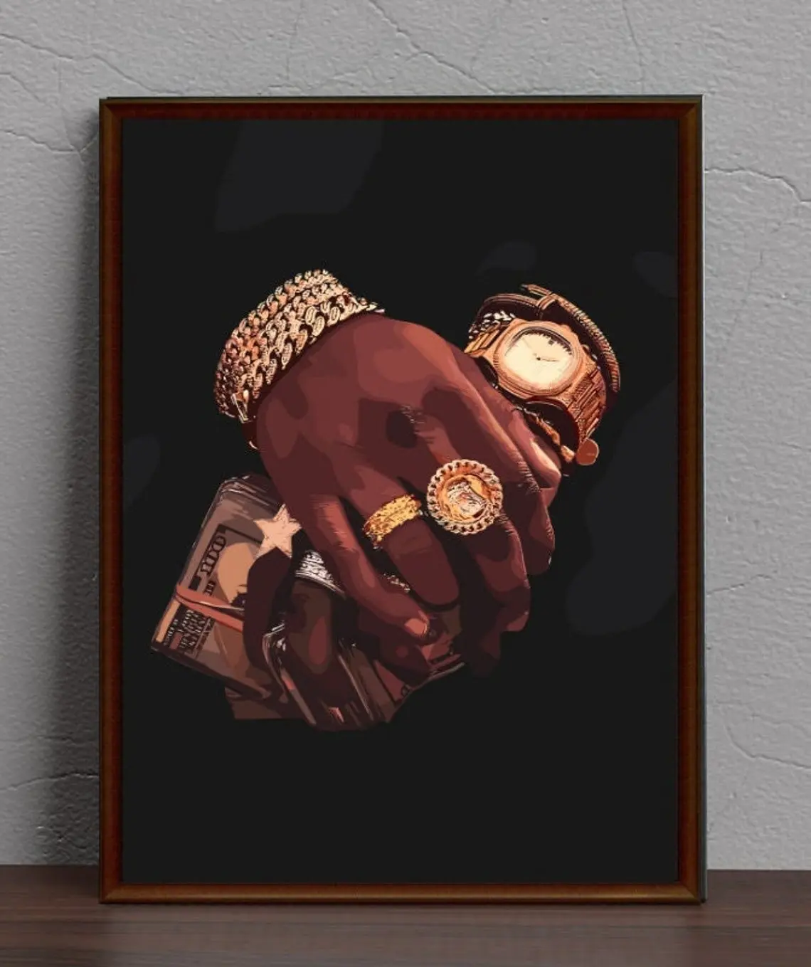 Unframed Glossy Collectible Photo Print - 8x12 in (20cmx30cm) Unframed Painting of Black Man with Gold Jewelry Holding Dollars, Creative Design Graphic Print, Christmas Gift, Room Decor Wall Decoration