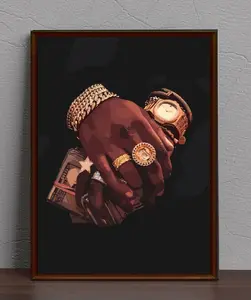 Black man with gold jewelry and holding dollars wall art, black art, Product without frame Decor Gift