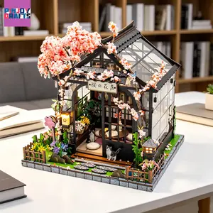 Japanese Cherry Blossom House Set, Handmade Wooden Miniature Model DIY, Stress Relief Fun Project for Teens and Adults