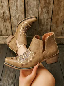 2026 Spring Summer Western Style Short Boots, Distressed Suede PU Leather, Geometric Embroidery, Comfortable Daily Wear, Unique Design