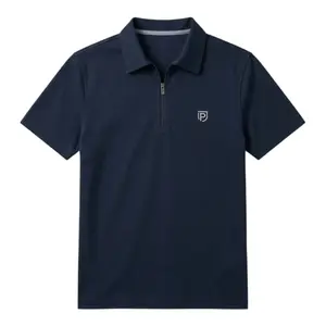 Classic Zippered Polo - Navy Blue Short Sleeve Casual Top with Zipper Closure