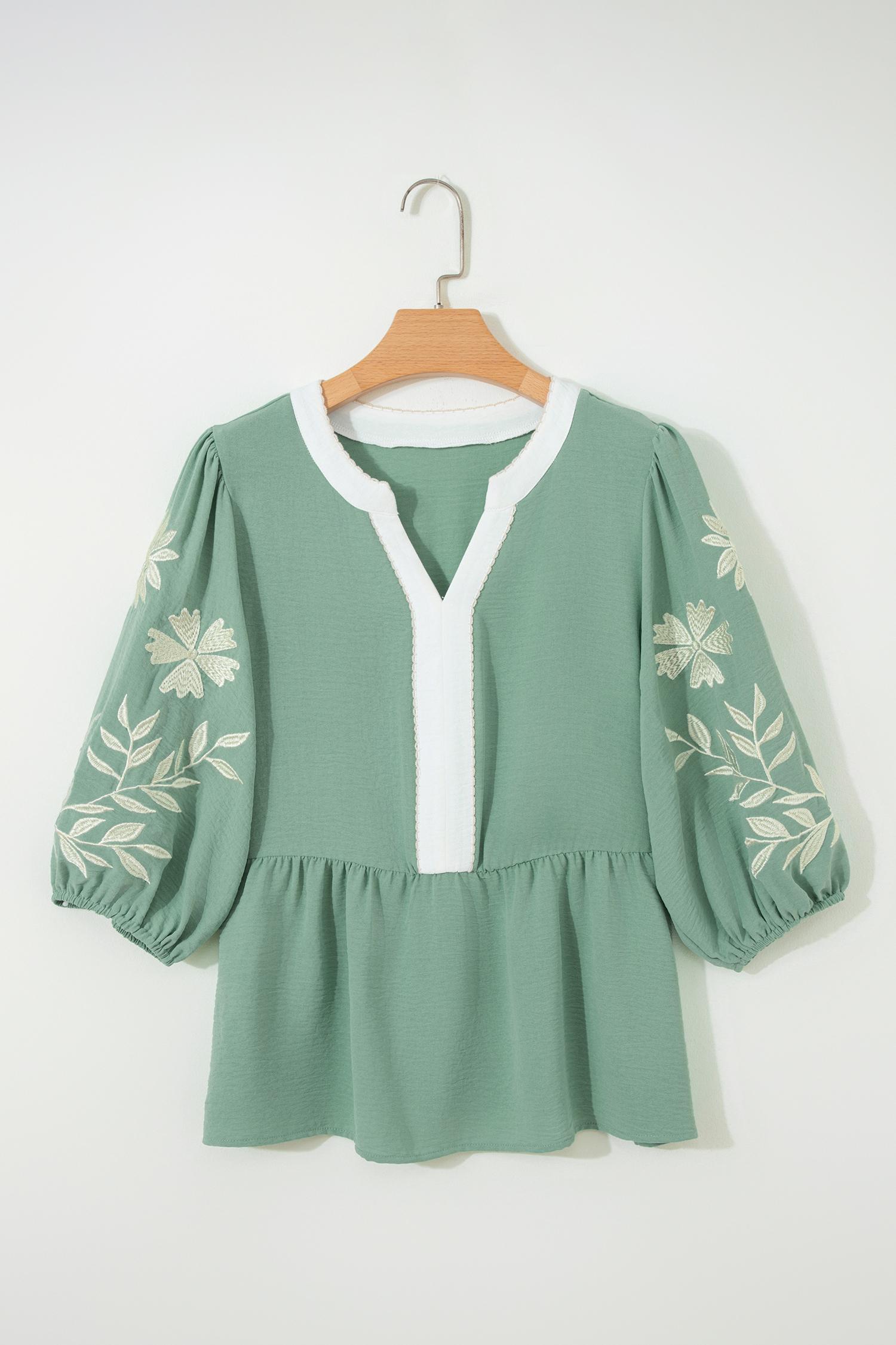 Women's Smoke Green Color Block Patchwork V-Neck Embroidered Puff Sleeve Babydoll Blouse, Casual Everyday Flowy Summer Tops for Women, Cute Preppy Peplum Shirts, Chic Boho Embroidered Blouses, Romantic Aesthetic Apparel