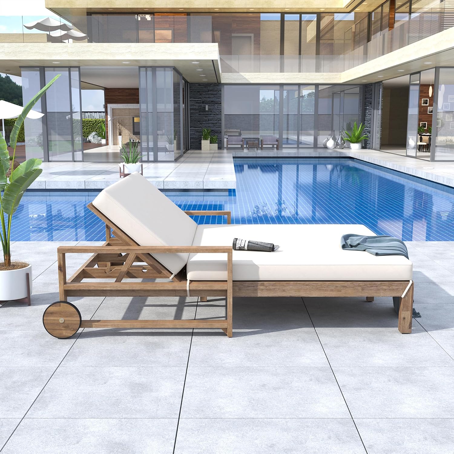 Wood-Frame Outdoor Sunbed with 4-Level Adjustable Backrest, Cushioned Seat, Armrest, 56.7"l x 76.2"w x 33.5"h, 89.2 lbs, 2-Person Lounger for Poolside, Backyard, Outdoor Daybed