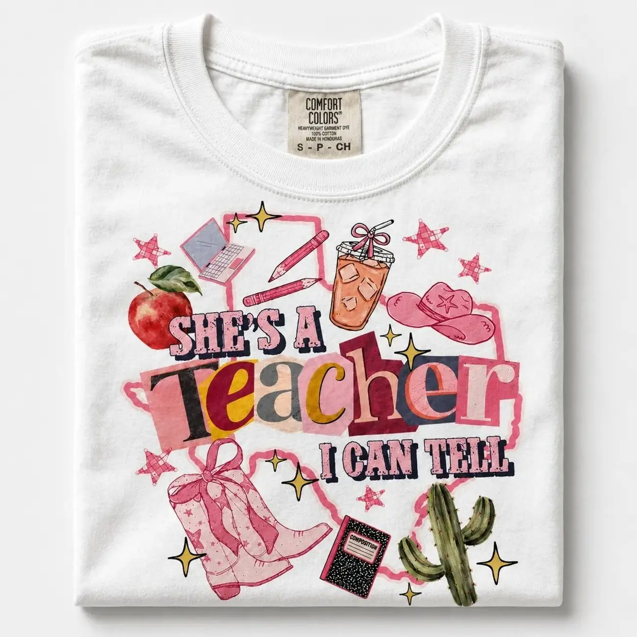 Women's Cotton Short-Sleeve Graphic Print T-Shirt - Oversized Unisex Fit Fabric Top, "She's A Teacher I Can Tell" Funny Quote, Black White Casual Round Neck, Back To School Classroom Idea