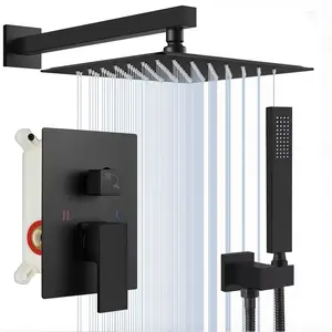 Black Shower Faucet Set, Rain Shower System with Mixing Valve, Wall Mounted 2-Functions Bathroom Shower Systems with High Pressure Rain Shower and Handheld Spray Shower Trim Included, 8/10/12/16 INCH 4 sizes to Choose