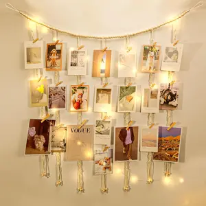 Macrame Hanging Photo Display Boho Wall Decor, Picture Christmas Card Holder with String Lights, Photo Hanger with 50 Clips for Room, Dorm, , Home Decor, Teenage Teen Girl Gifts