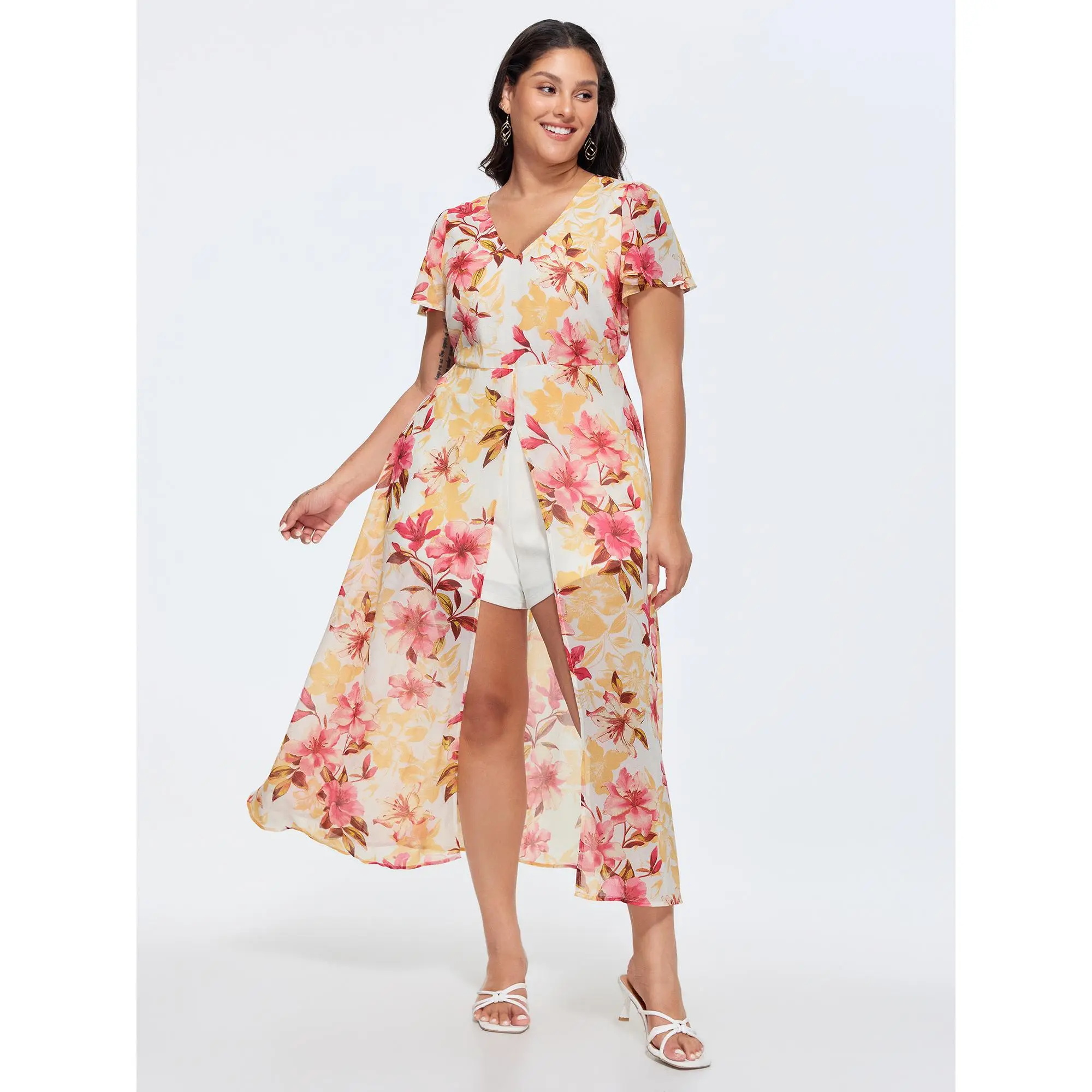 BloomChic Women's Plus Size Romantic Floral Jumpsuit, Elegant Layered Cropped Overalls in Stretch Polyester with Side Pockets, Low Iron, Polyester Blend, Romantic Vibe, 14–16 / 1X, Cold Wash, Spandex, Fabric, Smooth, Elastane, Above The Knee