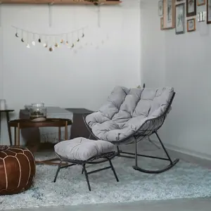 Orange-Casual Outdoor Chair with Ottoman, Comfy Reading Chairs Set with Oversized Cushion, Grey/Blue Cushion Washable Summer Chairs, Indoors&Outdoors