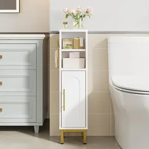 Bathroom Storage Cabinet, Corner Floor Cabinet with Door & Shelves, 2 Hooks, Small Narrow Storage Organizer, White SC16313G