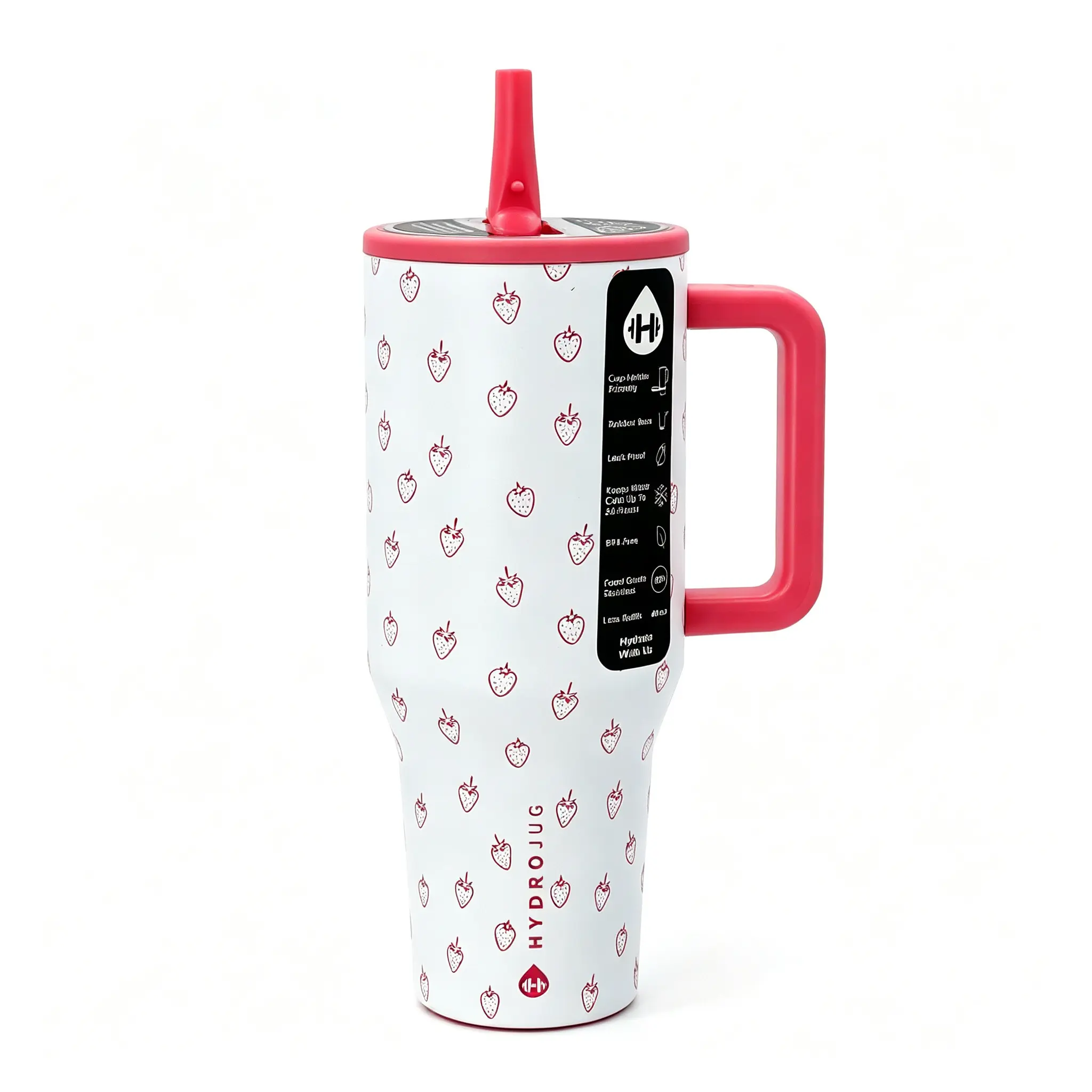Hydrojug 40oz Insulated Stainless Steel Sports Water Bottle, Strawberry Print, Leak-Proof Straw Cup, Handle-Compatible, BPA-Free, For Hot & Cold Drinks, Outdoor Travel Use