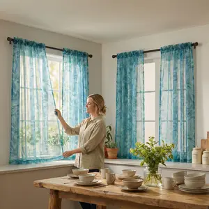 4 Panels 52x63 inches Teflon printed kitchen curtain set, made of Teflon chiffon fabric, with printing technique, 4 patterns, transparent, lightweight and soft, rod-pulling style, L1002 cortinas para salas，curtains for bedroom