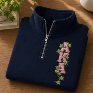 Alpha Kappa Alpha AKA Embroidered Quater Zip, Vintage 1908 Pink and Green Ivy Leaf Crewneck, Greek Life Apparel, Mother's Day Gift