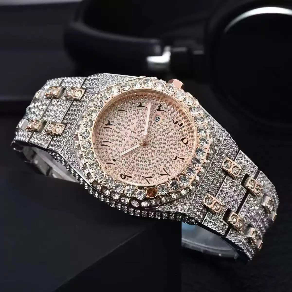 Men's Hip Hop Watch, Full Ice Out 43MM Gold/Silver Plated Luxury Bling with Baguette Lab Diamond Bezel and Quartz Movement