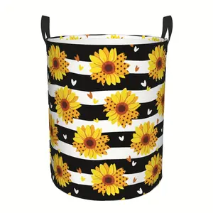 19.7 Inch Dinosaur Laundry Hamper Basket with Chrysanthemum & Black/White Stripes - Sturdy Round Clothes Storage Organizer with Sturdy Black Handles, Durable Polyester s Toys & Clothes Bin for & Room, Bedroom Decor, Space-Saving Gift Basket,Clothe Hamper