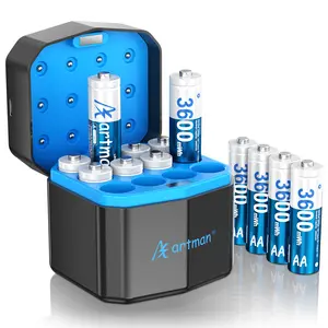 Artman Rechargeable Lithium AA Batteries 12 Pack with Storage Fast Charger, 3600mWh AA Lithium Batteries for Blink Outdoor Camera, 1.5V Constant Double A Battery Recharge up to 2000+ Cycles (Blue)