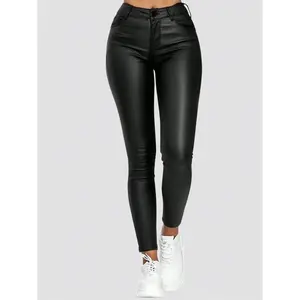 Solid color high waisted slanted pocket PU leather party leggingsRAIMENTRY